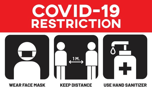 Vector illustration after quarantine for coronavirus outbreak concept. Info-graphic of "COVID-19 RESTRICTION" sinage. COVID-19 safety measures and precautions signs for business re-opening.