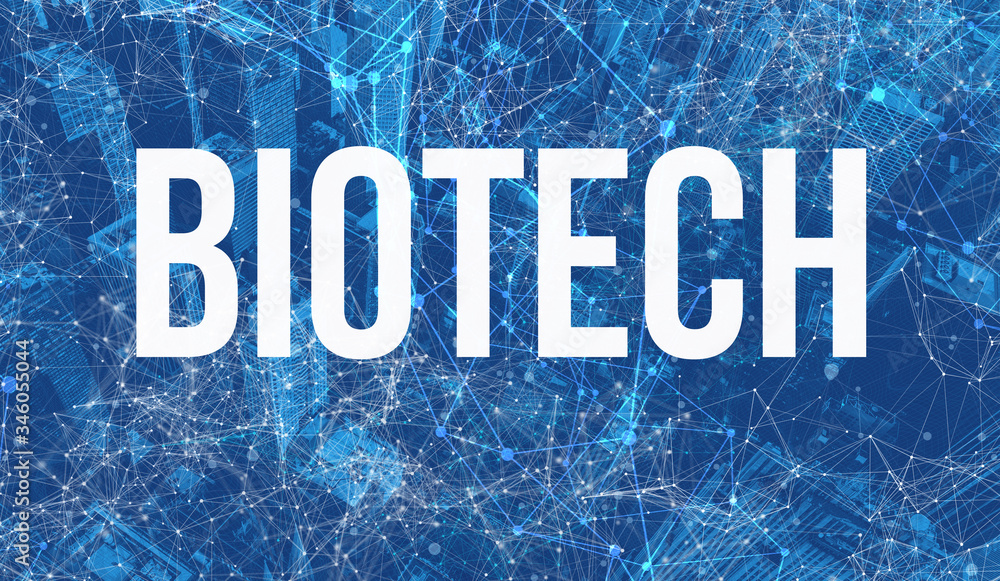 Poster biotechnology theme with abstract network patterns and skyscrapers