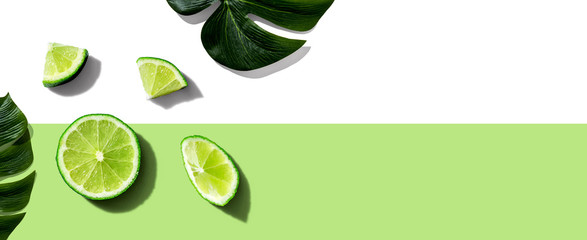 Fresh green limes overhead view - flat lay