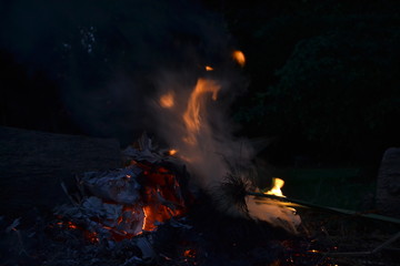 Campfire to warm up in the forest