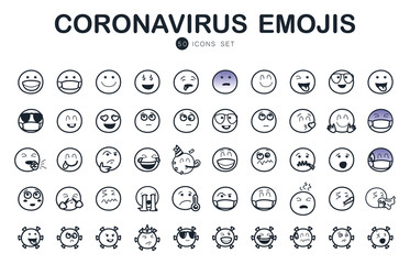 50 Coronavirus and emojis line style icon set vector design
