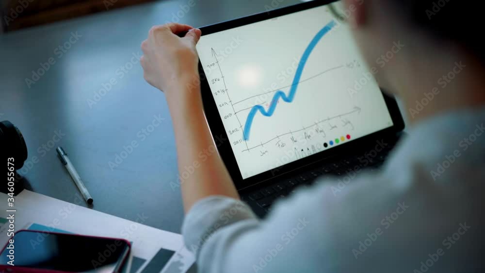 Poster skilled female economist working remotely with statistic data information connected to 4g wireless f
