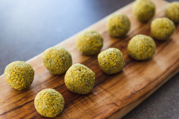 plant-based food, vegan chickpea falafels on cutting coard