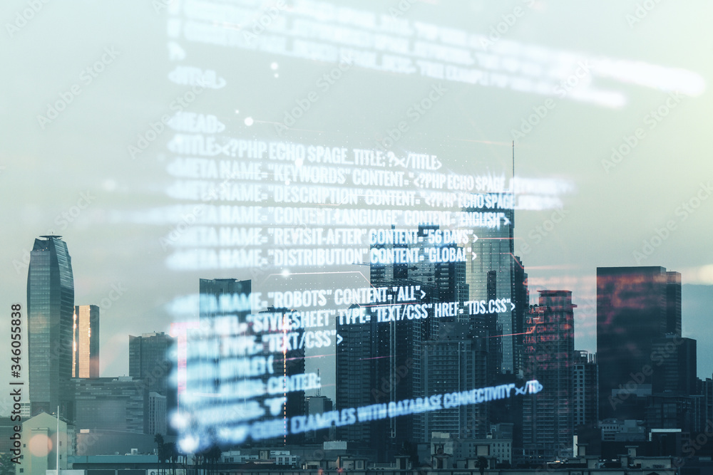 Poster abstract virtual coding illustration on los angeles cityscape background, software development conce