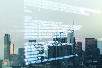 Abstract virtual coding illustration on Los Angeles cityscape background, software development concept. Multiexposure