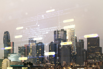 Abstract virtual coding illustration on Los Angeles cityscape background, software development concept. Multiexposure