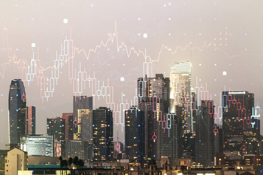 Double exposure of virtual creative financial diagram on Los Angeles office buildings background, banking and accounting concept