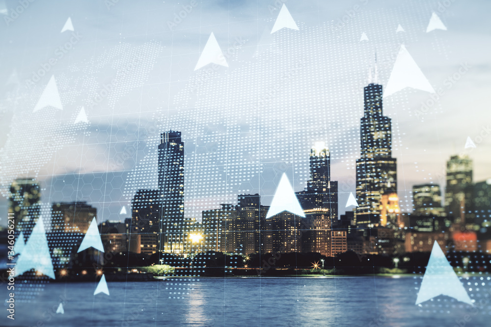 Poster abstract virtual geolocations map hologram on chicago skyline background. gps tracking and navigatio