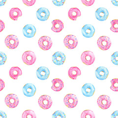 Seamless pattern colorful donut watercolor. Glazed, dessert, bakery, pastry, confectionery, confetti, confectionery sprinkles. Doughnut print, background. Isolated on white background