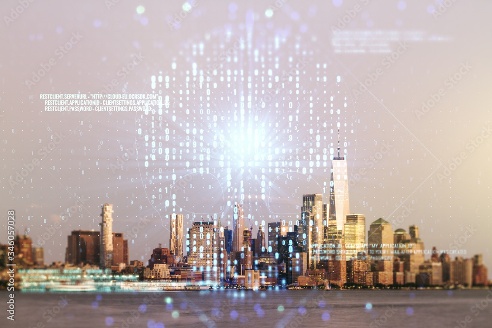 Aufkleber abstract virtual code skull hologram on new york cityscape background, cybercrime and hacking concep