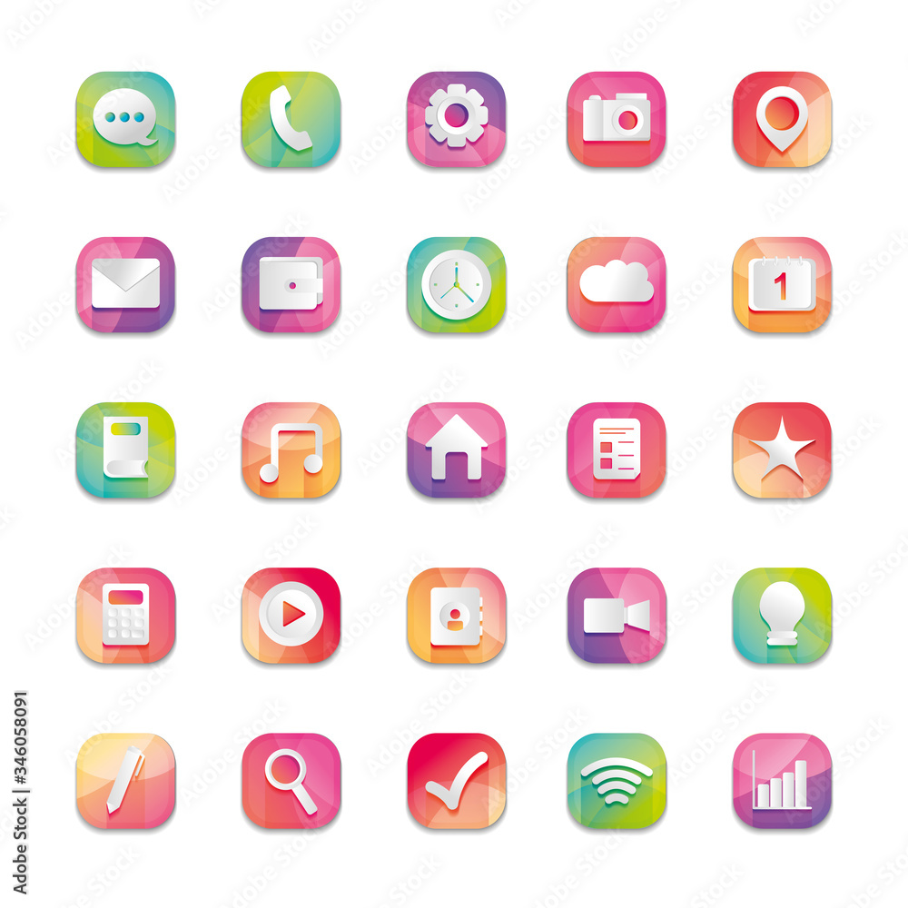 Poster speech bubble and mobile app buttons icon set, detailed design