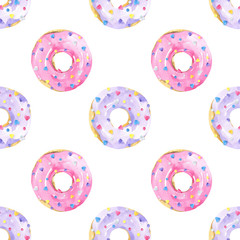 Seamless pattern colorful donut watercolor. Glazed, dessert, bakery, pastry, confectionery, confetti, confectionery sprinkles. Doughnut print, background. Isolated on white background