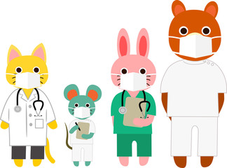 マスクを着けた動物たち　医療従事者　病院スタッフ　お医者さん　看護師さん
