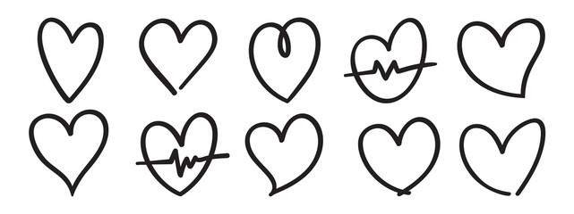 Heart icons set. Hand drawn hearts doodles collection. Medical health care and  love passion concept. Romance and love icon vector illustrations.