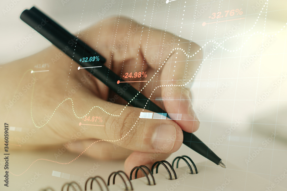 Poster multi exposure of abstract graphic data spreadsheet sketch with man hand writing in diary on backgro