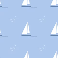 Papier peint Vagues de la mer Navire De Dessin Animé, Yacht. Motifs sans couture colorés