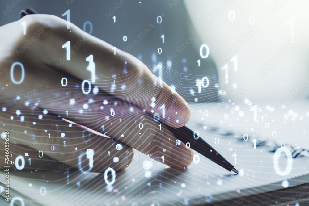 Poster creative concept of binary code illustration and man hand writing in notebook on background. big dat