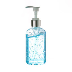 Pocket antiseptic hand sanitizer gel isolated on white background,corona virus prevention medical hand sanitizer gel,hydro alcoholic ,transparent blue antibacterial liquid with oxygen bubbles