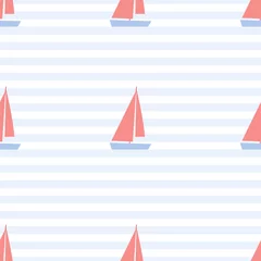 Printed roller blinds Sea waves Cartoon Ship, Yacht. Colored Seamless Patterns