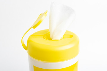 Open Yellow Top Cap Of A Disinfectant Wipes Plastic Container