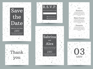 Terrazzo wedding invitation. Set with invitation, Save the date, Thank you card, RSVP, menu and table number on gray terrazzo background. Wedding set.