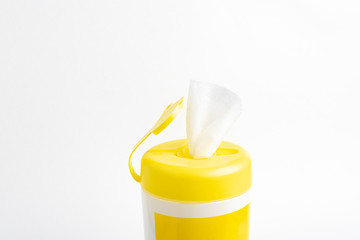 Open Yellow Top Cap Of A Disinfectant Wipes Plastic Container