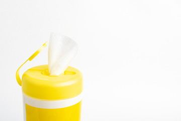 Open Yellow Top Cap Of A Disinfectant Wipes Plastic Container