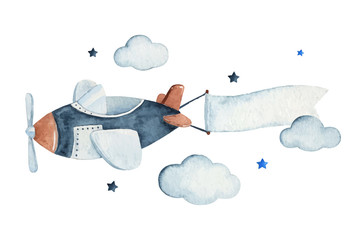 Cute watercolor sky scene with air plane, clouds and stars, watercolor hand drawn illustration