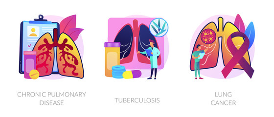 Lung disease abstract concept vector illustration set. Chronic pulmonary disease, tuberculosis, lung cancer, lower respiratory infections symptoms and treatment. Laboratory diagnosis abstract metaphor