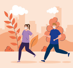 couple using face mask running in landscape vector illustration design