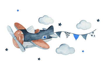 Adorable sky scene with air plane, garland, clouds and stars, watercolor hand drawn illustration