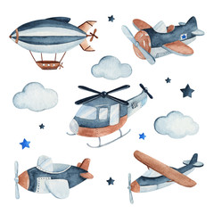 Watercolor illustration of a cute and adorable air craft complete with airplanes, helicopter and zeppelin