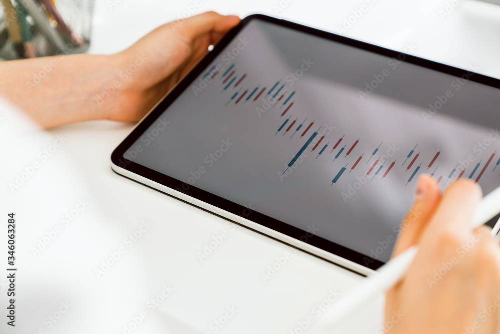 Aufkleber stock exchange market concept, hand trader touch on digital tablet with graphs analysis candle line 
