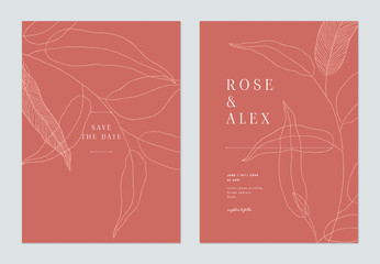 Minimalist wedding invitation card template design, leaves line art ink drawing in red tones