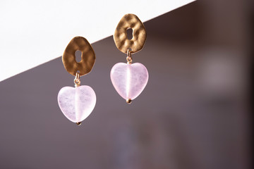 Earrings with stone Madagascar rose quartz heart shaped