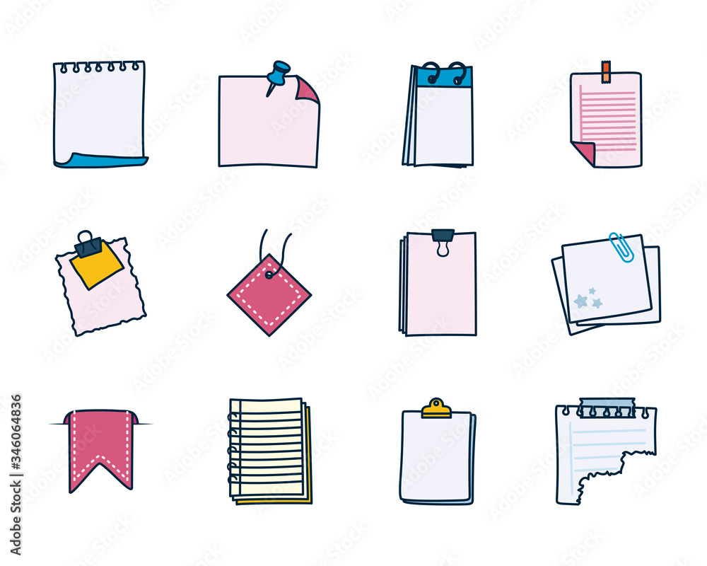 Poster clips and notes, messages icon set, line and fill style
