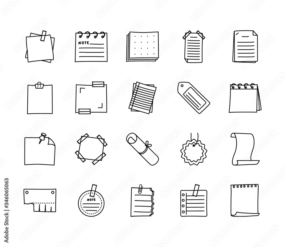 Poster document pages and notes, messages icon set, line style