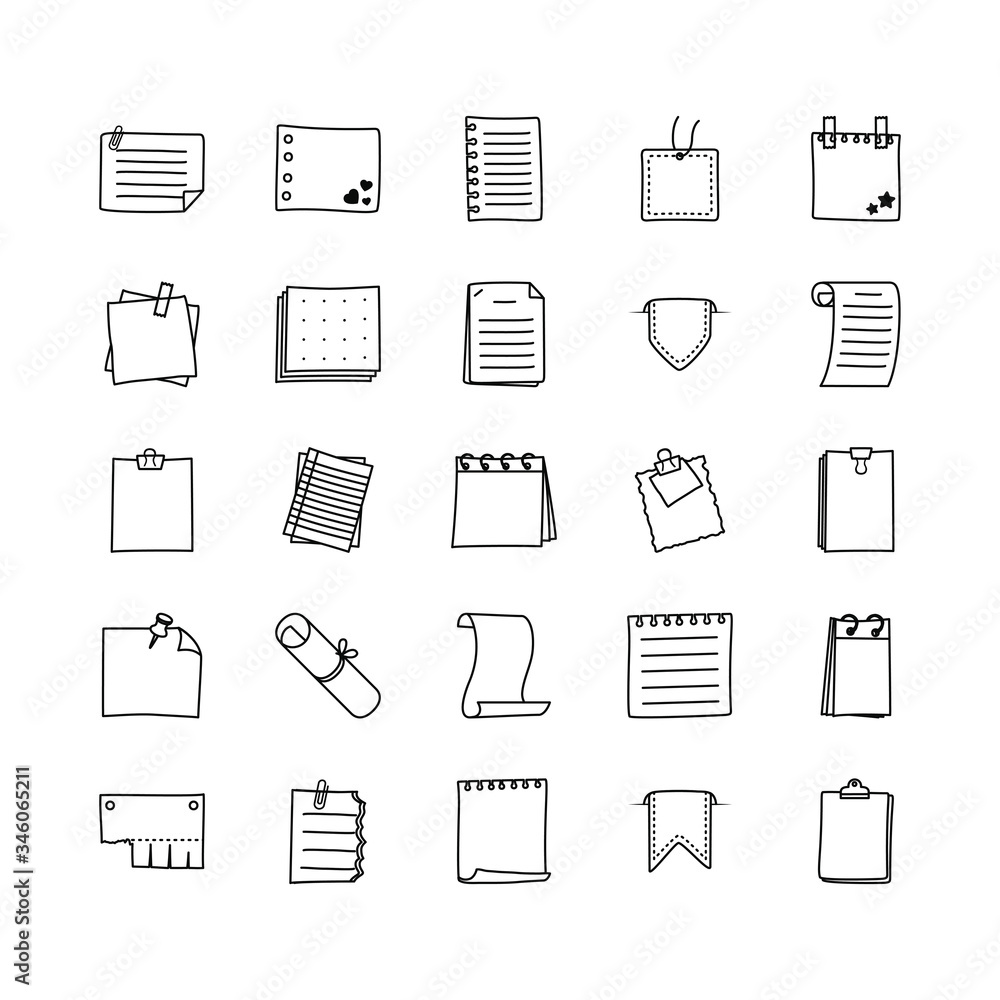 Poster memo pad and notes icon set, line style
