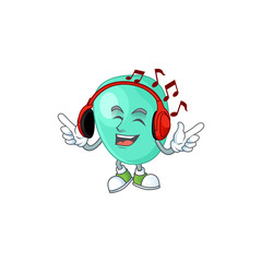Cartoon mascot design staphylococcus aureus enjoying music with headset