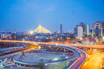 Beautiful cityscape with charming traffic light of bangkok Thailand. Thonburi distinct.