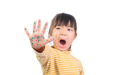 Baby health care for germs and touch concepts. A little Asian girl (5years old) shocking by bacteria on hands. Kid in yellow t-shirt with emotion face and The gestures raised both hands near face.