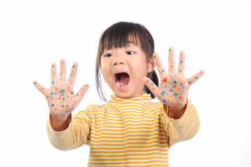 Baby health care for germs and touch concepts. A little Asian girl (5years old) shocking by bacteria on hands. Kid in yellow t-shirt with emotion face and The gestures raised both hands near face.