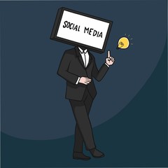 TV head man showing social media on screen cartoon vector illustration