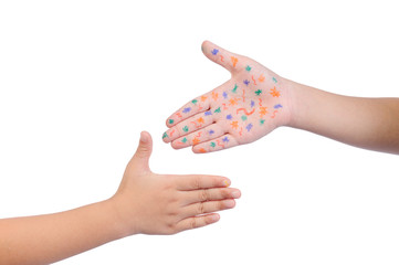 Baby health care for germs and touch concepts. Close-up hands of two little kids shaking hands and one of the child have many bacteria on hand that is ready to spread the disease to others.