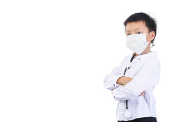 education and occupation concept. A boy wearing a self-protect mask, stethoscope and medical suit keeping arms crossed while stand isolated on white. A boy wearing doctor's gown because dream job