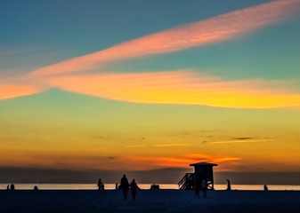 sunset on the beach, lifeguard tower, blue, sky, sea, water, clouds, ocean, coast, red, yellow, Siesta Key, Florida
