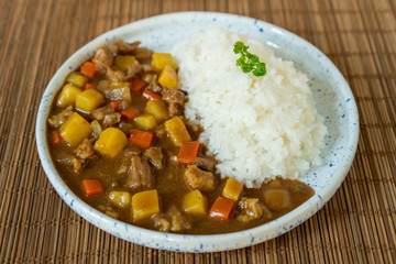 Japanese beef curry served with Japanese Rice close up. Traditional popular food of Japan.