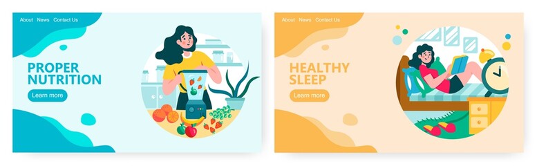 Woman make berry and fruit smoothie in blender. Young girl read book in her bed at home. Healthy lifestyle concept illustration. Vector web site design template. Landing page website illustration