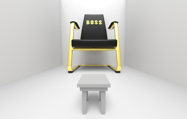 Huge armchair of a boss and a small stool for a visitor in the room. 3D illustration