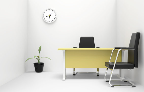 Simple interior of a small office with two armchairs and a desk and a flower in the pot. 3D illustration